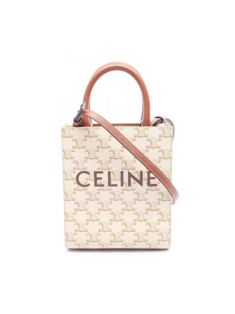 Celine Handbag Mini Vertical Cover Triomphe 2-Way Ivory Brown Canvas Leather